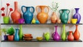 Experimental Pottery Shelf With Colorful Objects - 3d Render