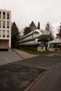 Prototype of Transrapid magnetic monorail outside the German Museum, Bonn, Germany, 3 Feb 2022