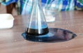 Experiments on chemistry. Chemical reaction with the release of gas in the flask on the table.