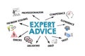 Expert advice concept. Illustration with icons, keywords and arrows on a white background Royalty Free Stock Photo