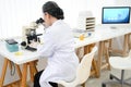 An expert Asian female scientist supervisor examining a virus specimen under a microscope Royalty Free Stock Photo