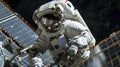 Expert astronaut performs intricate solar panel repair orbit near spaceship