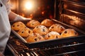 Expert baker placing hot cross buns in the oven for baking