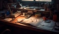 Expert carpenter crafting antique leather shoes with old fashioned tools indoors generated by AI