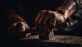 Expert carpenter holding blade, crafting wooden table generated by AI