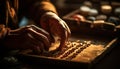 Expert carpenter making homemade beekeeping equipment with organic wood plank generated by AI