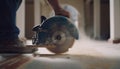 Expert carpenter saws timber with electric circular saw indoors generated by AI