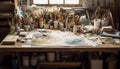 Expert carpenter skillfully creates homemade leather crafts in messy workshop generated by AI