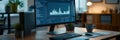 An expert is deeply engaged in analyzing complex data on a large monitor, surrounded by a neat desk setup with essential