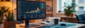 An expert is deeply engaged in analyzing complex data on a large monitor in a well-organized workspace, sipping coffee