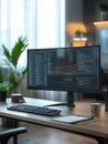 An expert is deeply engaged with a large computer monitor, analyzing complex data at a neat desk during work hours