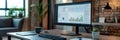 An expert is deeply focused on analyzing data on a large monitor in a tidy office with a coffee mug and notepad nearby