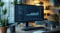 An expert is deeply focused on a large monitor, analyzing data in a tidy workspace with a keyboard, mouse, and coffee
