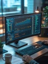 An expert is deeply focused on a large monitor, analyzing intricate data with a cup of coffee and a notepad by their