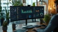 An expert engages deeply in analyzing complex data on a large monitor, surrounded by organized desk tools and a coffee