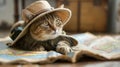 Expert explorer cat, adorably suited, ancient map in focus, wideeyed wonder , minimalist