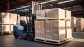 Expert forklift operator loading cardboard boxes with stacker loader in busy warehouse