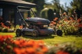 Expert gardener uses a top notch mower to manicure the garden Royalty Free Stock Photo