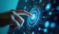 Expert hand interacts with futuristic tech interface. Finger presses glowing button on digital touch screen. Advanced system