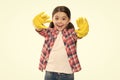 Expert house cleaning service you can trust. Cleaning supplies. Girl rubber gloves for cleaning white background. Teach Royalty Free Stock Photo