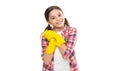 Expert house cleaning service you can trust. Housekeeping duties. Cleaning supplies. Girl rubber gloves for cleaning Royalty Free Stock Photo