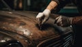 Expert mechanic polishing shiny car bodywork in dirty auto repair shop generated by AI Royalty Free Stock Photo