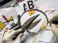 Expert police examines with magnifying glass pruning shears in Laboratory forensic equipment