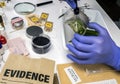 Expert Police get fingerprints from a broken glass bottle in Criminalistic Lab