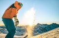 Expert professional skier at sunset on relax moment in french alps mountain slope Royalty Free Stock Photo