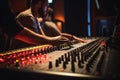 Expert sound engineer adjusts mixer knobs .generated by AI Royalty Free Stock Photo