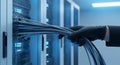 Expert IT Technician Securing Critical Server Connections in a High-Tech Data Center Environment. Royalty Free Stock Photo