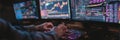 Expert Trader Analyzing Financial Data on Multiple Screens in a Dimly Lit Room During Evening Hours Royalty Free Stock Photo