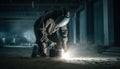 Expert welder in protective mask works with steel machinery indoors generated by AI