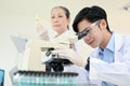 An expert young Asian male scientist examining a virus specimen under a microscope Royalty Free Stock Photo