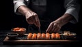 Expertise in Japanese cuisine showcased in fresh seafood nigiri plate generated by AI