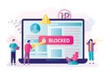 Experts help user to unblock account. Male character with key opens profile. Banned account on laptop screen