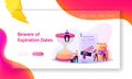 Expiration Landing Page Template. Tiny Characters at Huge Hourglass, Boxes with Spoiled Food. Woman Cutting Expired Card Royalty Free Stock Photo