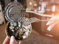 Expired canned fish in a woman`s hand close-up