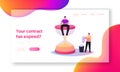 Expired Document Landing Page Template. Tiny Man Sitting on Huge Hourglass Looking on Wrist Watch, Man Throw Out Paper Royalty Free Stock Photo