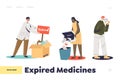 Expired medicines landing page concept with people checking and throwing out of date pills and drugs