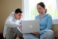 explain lesson boy showing girl on computer helping study friends older brother younger sister online learning spending