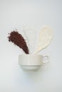 Explained hot coffee ratio Ingredients mix isolated white background. Coffee, Sugar, Creamer Royalty Free Stock Photo