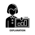 explanation icon, black vector sign with editable strokes, concept illustration
