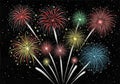 Explode against a black night sky, featuring bursts in red, yellow, Royalty Free Stock Photo
