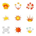 Explode animation effect icons set, cartoon style