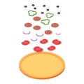 Explode pizza ingredients isometric view, fastfood concept