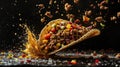 Exploded Delicious Taco with Fresh Meats and Vegetables on Dark Background