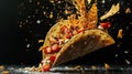 Exploded Delicious Taco with Fresh Meats and Vegetables on Dark Background