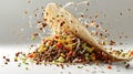 Exploded Delicious Taco with Fresh Meats and Vegetables on Light Background