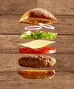 Exploded diagram of burger, buns and ingredients